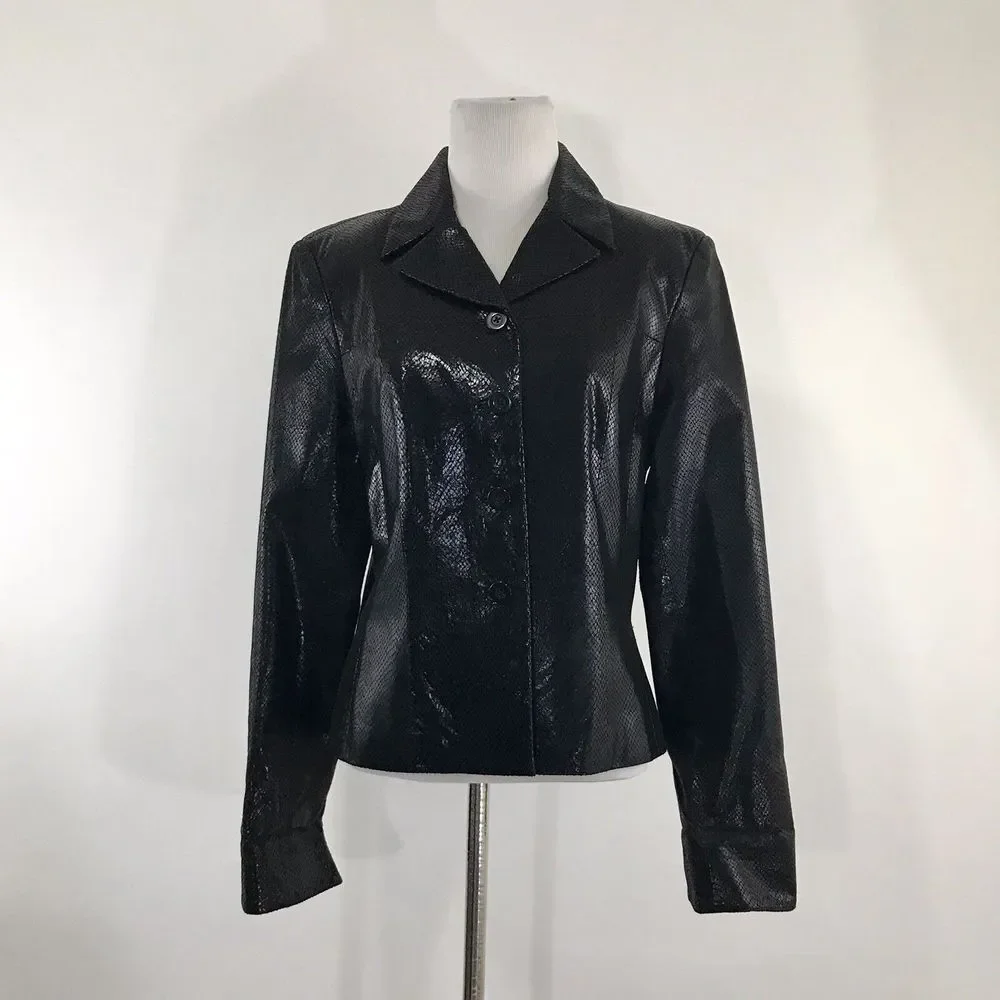 Cache Vintage Black Snakeskin Embossed Leather Jacket Womens 6 Button Front Coat
